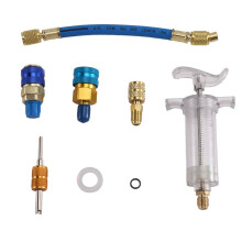 Car AC Oil and Dye Injector 30ml with R-134a Low Side Quick Coupler Adapter 1/4" SAE Coolant Filling Tube Injection Tool
