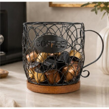 Coffee Pod Holder,Large Capacity Iron Coffee Capsule Basket Cup Holder with Handle & Wooden Base