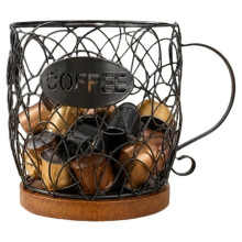 Coffee Pod Holder,Large Capacity Iron Coffee Capsule Basket Cup Holder with Handle & Wooden Base