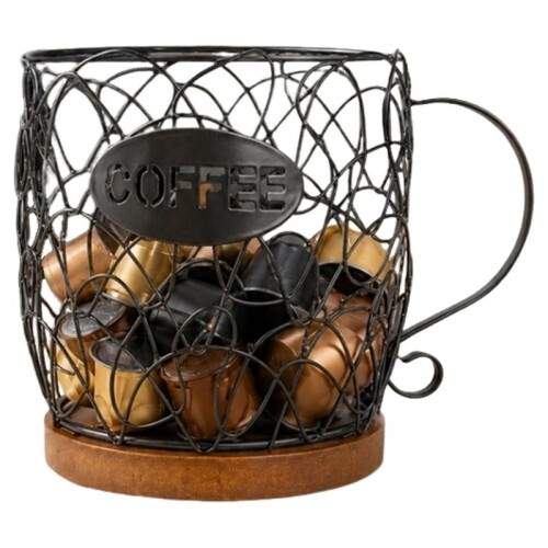 Porta-Cápsulas de Café, Cesto de Ferro de  Capacidade com Alça e Base de Madeira