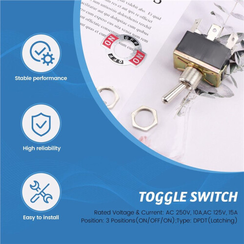 AC 250V/10A 125V/15A DPDT 3 Position /OFF/ 6 Pins Toggle  Black+Silver