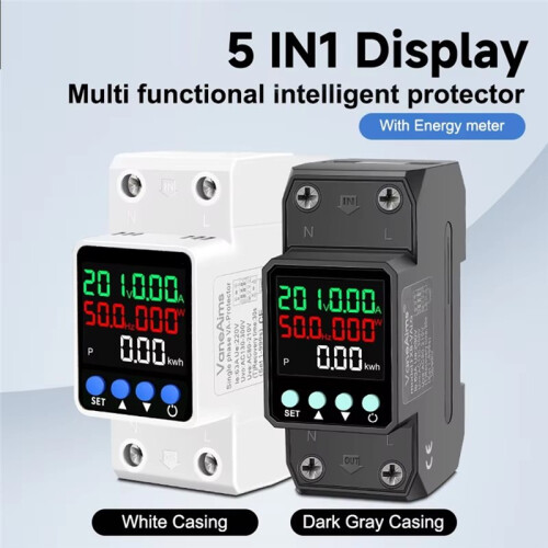 Din Rail Adjustable over/Under Voltage Protection Device 63A 220V V/A/KWH/Hz/Power 5in1 Voltage Protector Relay B 2