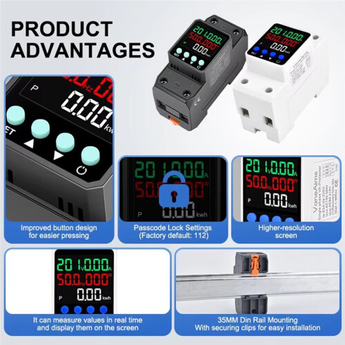 Din Rail Adjustable over/Under Voltage Protection Device 63A 220V V/A/KWH/Hz/Power 5in1 Voltage Protector Relay B