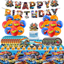Auto Birthday Party Decorations- 93Pcs WHeels Happy Birthday Banner Balloons Colorful Tableware Set Cake Topper Decoration Plates Napkins Tablecloths