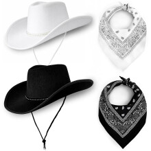 Cowboy Cowgirl Hats Pack of 2 Felt Western Unisex (1 Black and 1 White Hats and Bandanas) Texas Texan Costume Accessories for Women, Men