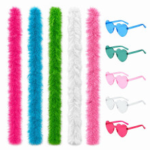 10-Piece Colourful Feather Boa Set, 2m Fluffy Artificial Boas with Heart Sunglasses, Photobooth Props for Wedding, Prom,Cosplay, Halloween
