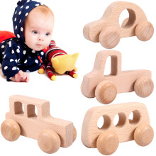 4PCS Wooden Car Toys for Babies 6 to 12 Months, Montessori Sensory Grasping Motor Skill Toy, Natural Beech Wood Baby Chewing Pushing Cars