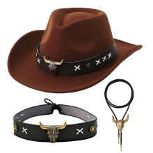 Cowboy Hat Set Adults, Western Cowgirl Kit with Bull Head Decor, Necklace & Belt, Adjustable Chin Strap Vintage Wild West for Women Men