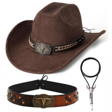 Cowboy Hat Set Adults, Western Cowgirl Kit with Bull Head Decor, Necklace & Belt, Adjustable Chin Strap Vintage Wild West for Women Men