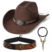Cowboy Hat Set Adults, Western Cowgirl Kit with Bull Head Decor, Necklace & Belt, Adjustable Chin Strap Vintage Wild West for Women Men