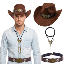 Cowboy Hat Set Adults, Western Cowgirl Kit with Bull Head Decor, Necklace & Belt, Adjustable Chin Strap Vintage Wild West for Women Men