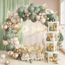 Sage Green Gold Baby Shower Decorations, 137 PCS Green and Gold Balloon Arch Kit with Balloon Boxes, Boys Girls Baby Shower Decorations