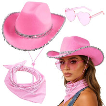 Cowgirl Hut 3PCS Cowboy Set für Damen mit Sonnenbrille und Halstuch Breite Krempe Kostüm Accessoires für Halloween Karneval Cosplay