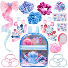 Get Trend Disney Stitch Girls Hair Accessories & Backpack, Hair Clips Stickers Foldable Hair Brush Scrunchies, Kids Transparent Rucksack
