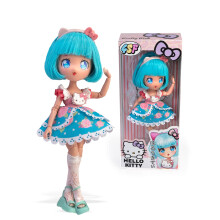 Hello Kitty Manga Doll Pretty Pink, Japanese Fashion Doll with Fashion Looks Manga, 19.5cm Figure with 15 Articulation Points, Blue Hair