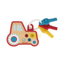 Janod - Interactive Baby Rattle Keyring Tractor - Sound and Light Effects - Wood and Silicone - Baby Rattle and Teething Toy