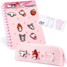 Hello Kitty Customisable A5 Notebook and Zipped Pencil Case Kawaii Stationery Set with Character Pins Sticky Notes School Supplies, Anime Gifts