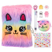 homicozy Secret Diary for Girls, 9Pcs Plush Journal Set with Lock and Key, 160 Pages A5 Private Notebook with Pen, 4 Silicone Toys, Fluffy Purse