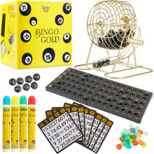 KreativeKraft Gold Bingo Game Set with Cage, 75 Balls and Dabbers