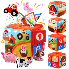LEADSTAR Baby Tissue Box Toy Farm Crink Plush,Whats Inside Box Montessori Toys with Rattle,Crinkle,Mirror for Babies 6 9 12 18 Months Early