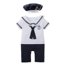 Lito Angels Infant Baby Boys Sailor Outfit Fancy Dress Up Romper Costume with Hat Size 3-18 Months, White Navy