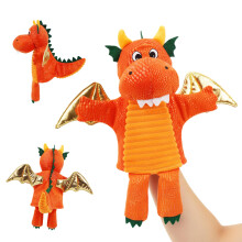 Plush Dragon Hand Puppet - Orange Fantasy Storytelling Toy with Golden Wings - Pretend Play Adventure for Toddlers and Kids