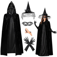 Witch Costumes for Women, Black Hooded Cloak, Witch Hat