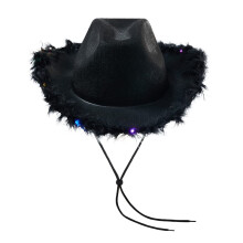 Light Up Cowboy Hats for Women Fluffy Feather Brim LED Cowgirl Hat for Bachelorette, Costume Party, Play Dress Up (Black)