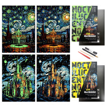 Scratch Paper Art,Scratch Painting World Famous City DIY Night View Scratchboard for Adults with 4 Tools,Size 11.2''x16'' (Castle + Amusement Park)