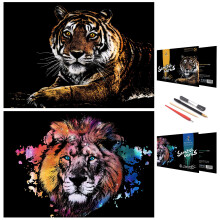 Scratch Painting Art Paper,Animal Series Scratchboard for Adults, Gifts&Arts Craft Kits with 4 Tools,Size:16''x11'' (Tiger & Lion)