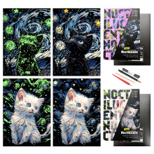 SiYearScratch Paper Art,Scratch Painting World Famous City DIY Night View Scratchboard for Adults with 4 Tools,Size 11.2''x16'' (cat)