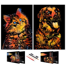 Scratch Painting Art Paper,Animal Series Scratchboard for Adults, Gifts&Arts Craft Kits with 4 Tools,Size:16''x11'' (Cat&Dog)