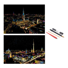 Scratch Paper Rainbow Painting Sketch, City Series Night Scene,Scratch Painting Creative Gift,Scratchboard for Adult with 4 Tools