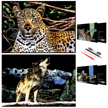 Scratch Painting Art Paper,Animal Series Scratchboard for Adults, Gifts&Arts Craft Kits with 4 Tools,Size:16''x11'' (Wolf & Cheetah)