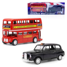 London Bus Diecast Model Double Decker Red Bus and Black Taxi Mini Models 1:32 Scale Pull-Back Buses Model Alloy Diecast Toy Vehicles Taxi Toys Metal