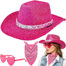 Cowboy Hat for Women, Western Cowgirl Hat with Bandana and Heart Sunglasses, Women Western Hat with Sequin, Cowgirl Costume Accessories