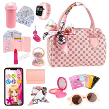 Play Purse for Little Girls, Toddler Handbag with Pretend Makeup, Little Girls Purse with Accessories, Includes Handbag, Phone, Watch, and More