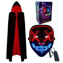 LED Halloween Mask and Vampire Cape, Light up Mask Cosplay Costume Halloween Masks Costumes LED Rave Face Masks Reversible Cape with Hood Party Fancy