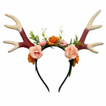 Large Antler Headband with Floral Decor - Rubber Deer Horn Headpiece with Plastic Flowers & Green Leaves