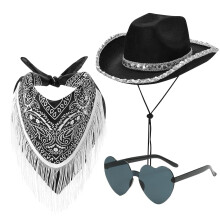 Cowboy Hat for Women, Cowgirl Hat Set with Bandana Wide Brim Cowboy Hats Western Cowgirl Costume Accessory Fancy Dress Cosplay Costume for Halloween