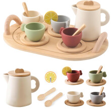 Wooden Afternoon Tea Set for KLittle Girls and Boys, Kids Play Kitchen Accessories Toy with Teapot Cups Carrying Tray Scoop