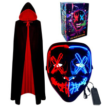 LED Halloween Mask and Vampire Cape, Light up Mask Cosplay Costume Halloween Masks Costumes LED Rave Face Masks Reversible Cape with Hood Party Fancy