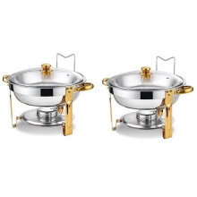 Round Stainless Steel Gold Rechaud 5 Liters with Glass Lid for Buffet and Parties Hot Cold Two-Piece Set