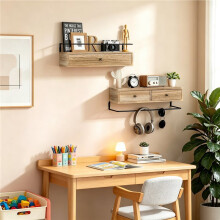 2 Pack Rustic Floating Shelves with Drawer, 15.8 Inch Wall Mounted Bathroom Shelf, Brown Wood & Metal Storage Organizer