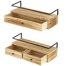 2 Pack Rustic Floating Shelves with Drawer, 15.8 Inch Wall Mounted Bathroom Shelf, Brown Wood & Metal Storage Organizer