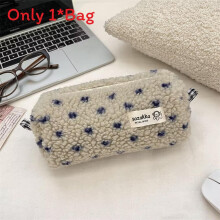 (Blue) Winter Plush Heart Pen Bag With Spacious Storage For Students Office Supplies And