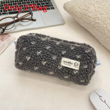 (Gray) Winter Plush Heart Pen Bag With Spacious Storage For Students Office Supplies And