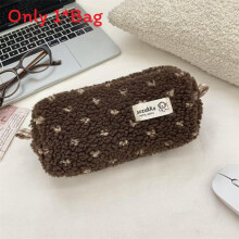(Brown) Winter Plush Heart Pen Bag With Spacious Storage For Students Office Supplies And