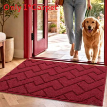 (Red)Plush Entry Mat Solid Colored Carpet With Washable Design For Home And Living Spaces