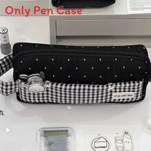 (BlackDots) Polka Dot White Fabric Pencil Case With Large Storage For And Stationery School